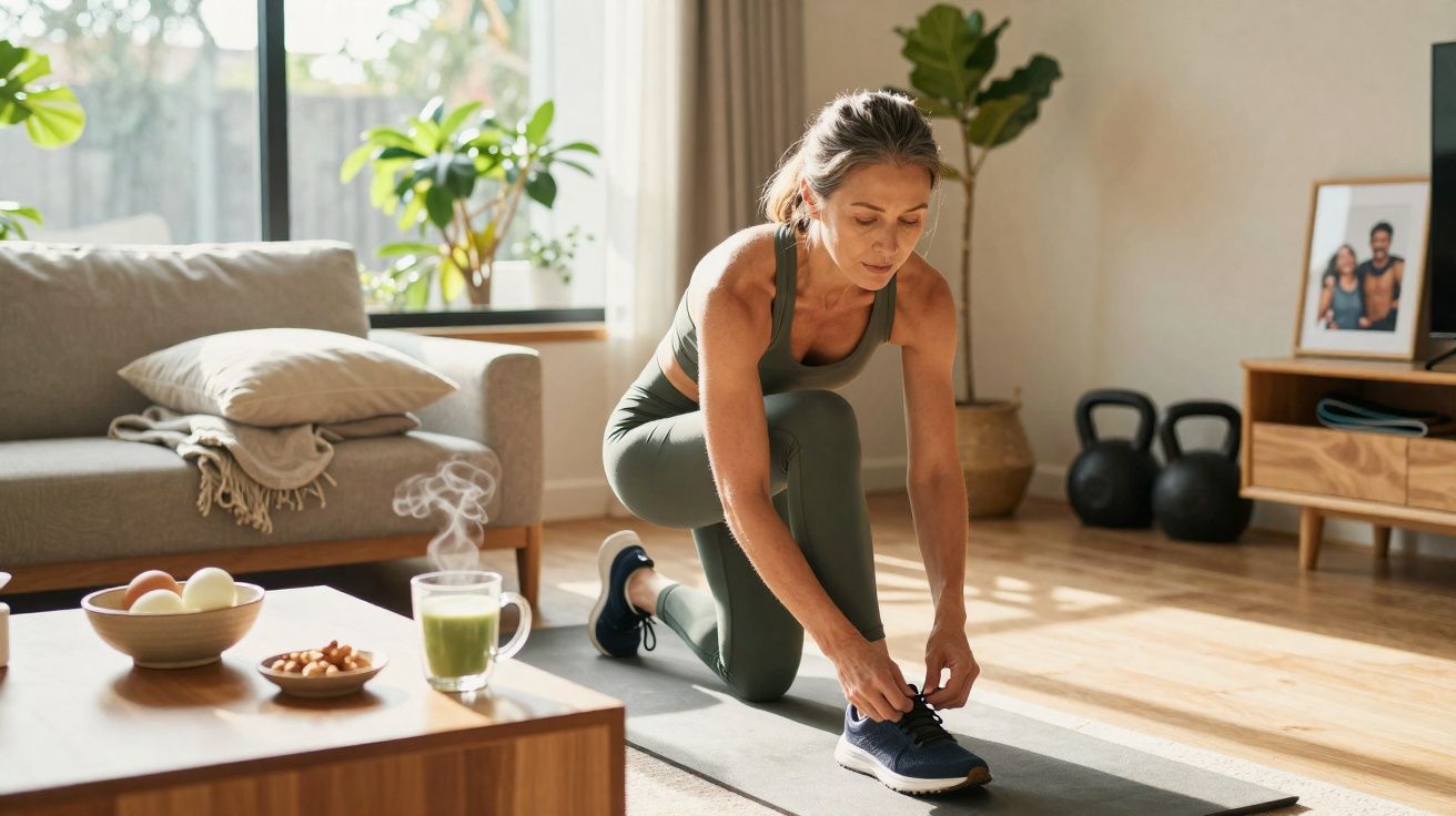 Mulher amarrando tênis em tapete de yoga, em sala clara com plantas, pesos e sala de estar ao fundo.