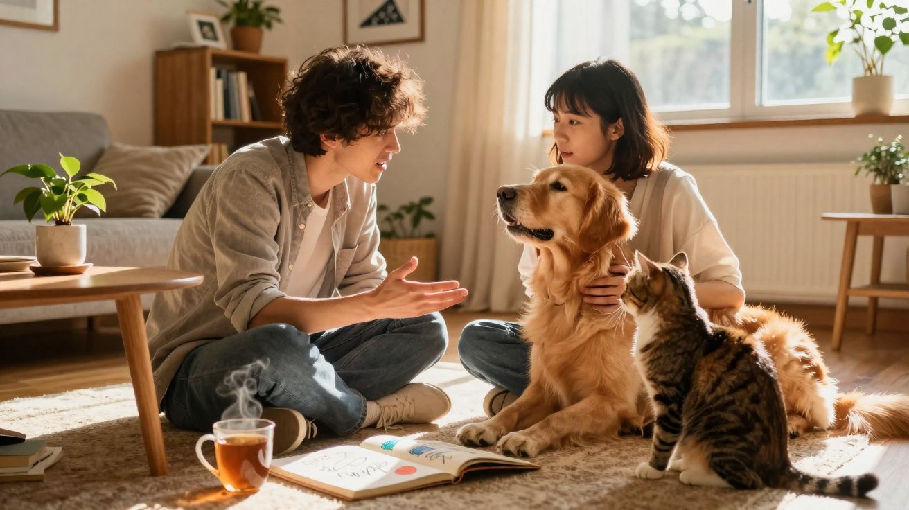 Casal sentado no chão conversando com cachorro e gato em sala iluminada pelo sol.