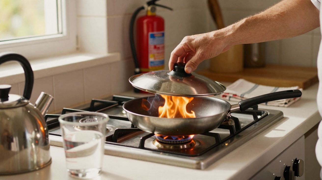Mão tampando frigideira com fogo em chama acesa em fogão a gás em cozinha iluminada.