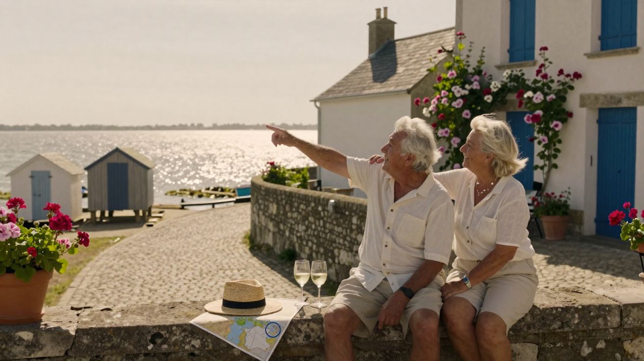 Casal idoso sentado em muro à beira-mar com taças de vinho, flores e casas ao fundo.