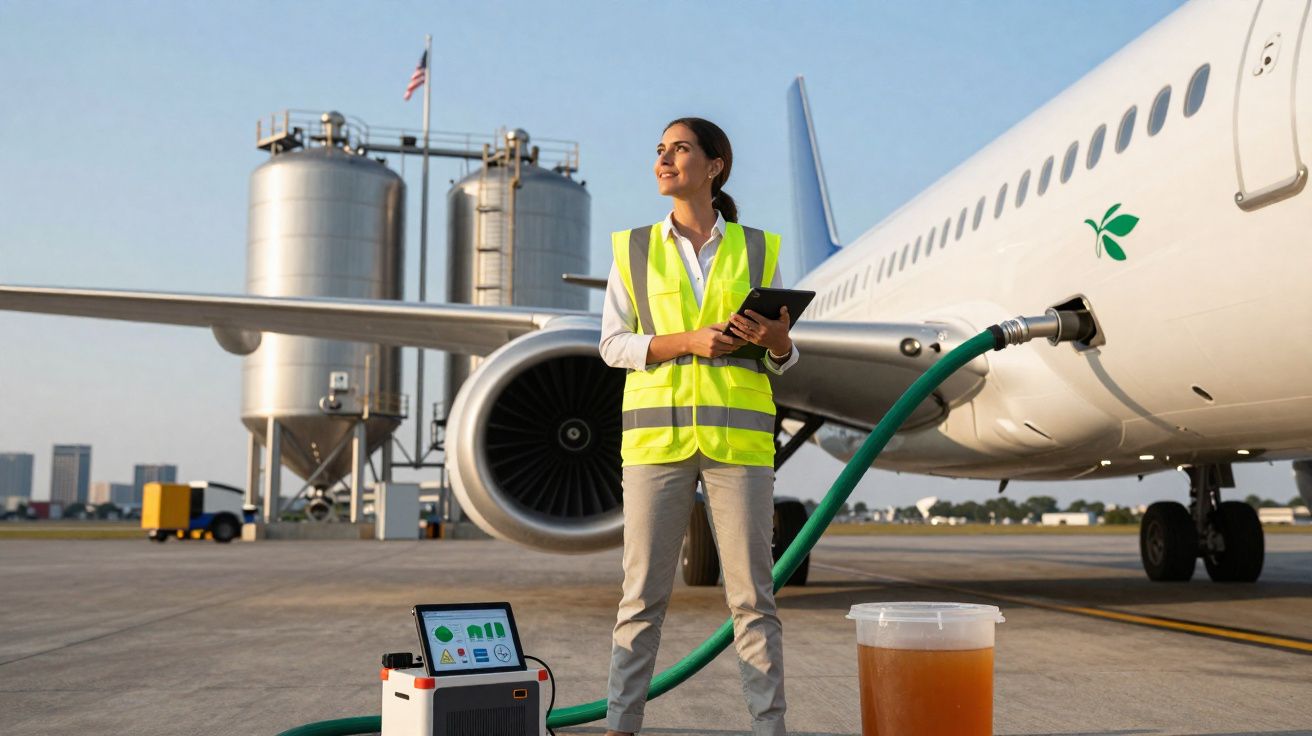 Mulher com colete refletivo segura tablet perto de avião sendo abastecido com combustível sustentável no aeroporto.