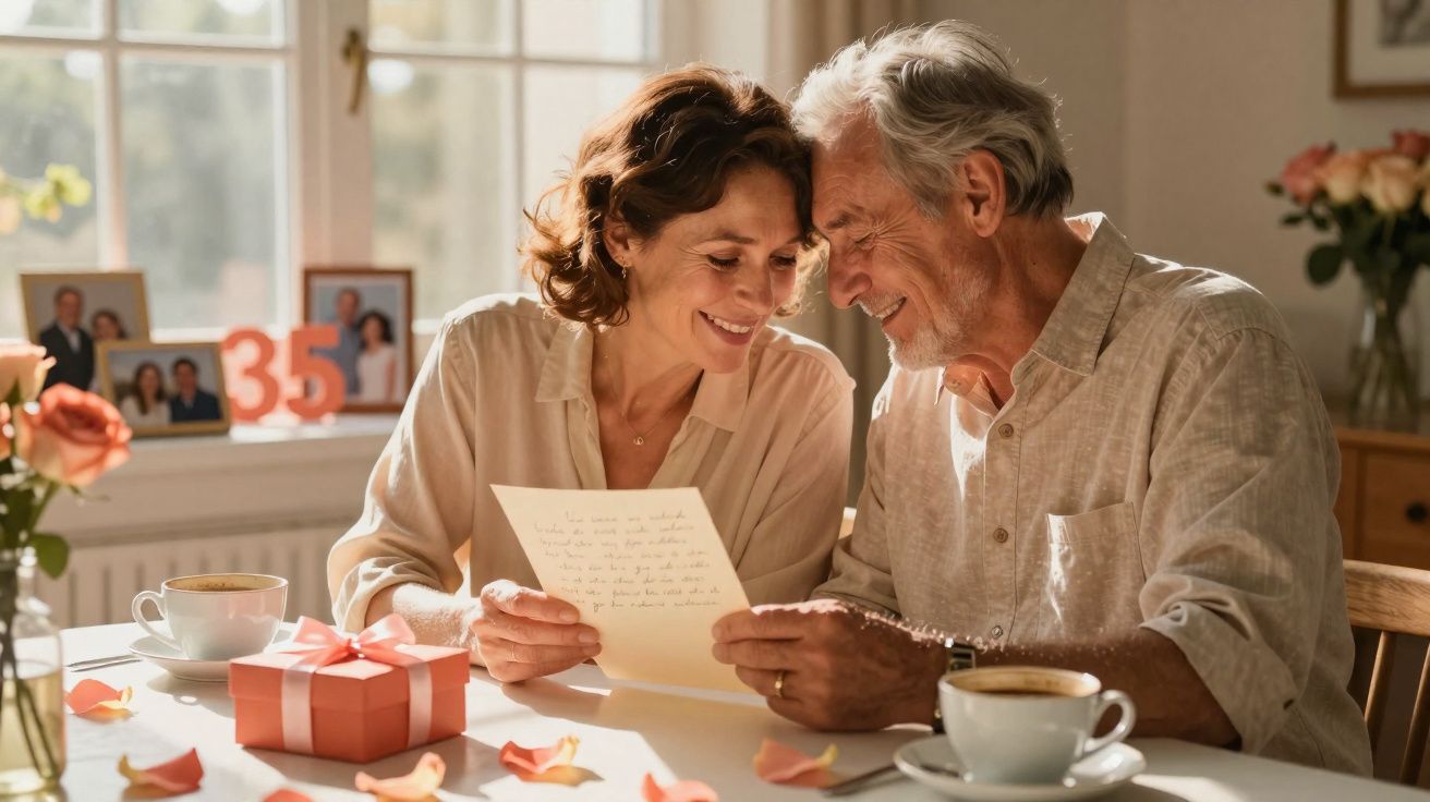 Casal maduro sorrindo e lendo carta juntos durante café da manhã com presente e pétalas na mesa.