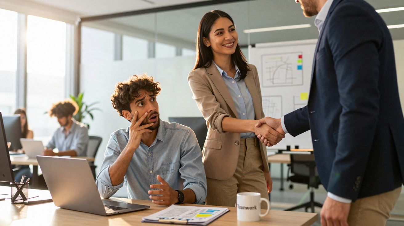 Mulher sorridente cumprimenta homem de terno enquanto colega sentado observa surpreso em escritório moderno.