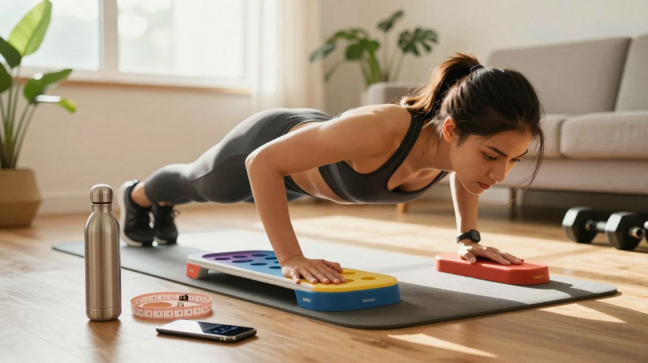 Mulher fazendo flexão com duas plataformas coloridas no tapete em sala iluminada com plantas e pesos.