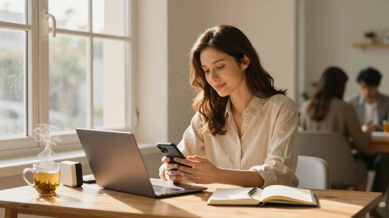 Mulher sorridente usando celular sentada à mesa com laptop, caderno e xícara de chá em ambiente iluminado.