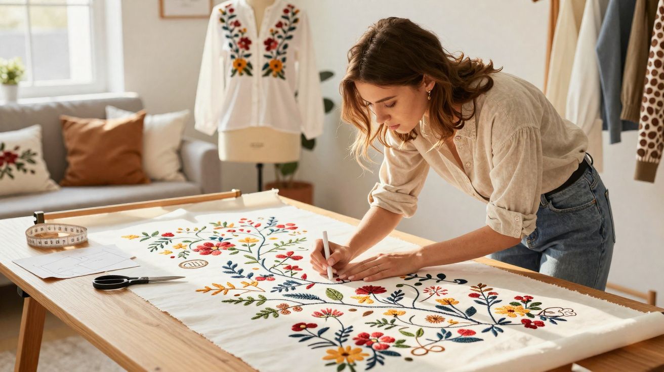 Mulher bordando tecido branco com flores coloridas em mesa de madeira iluminada por janela.