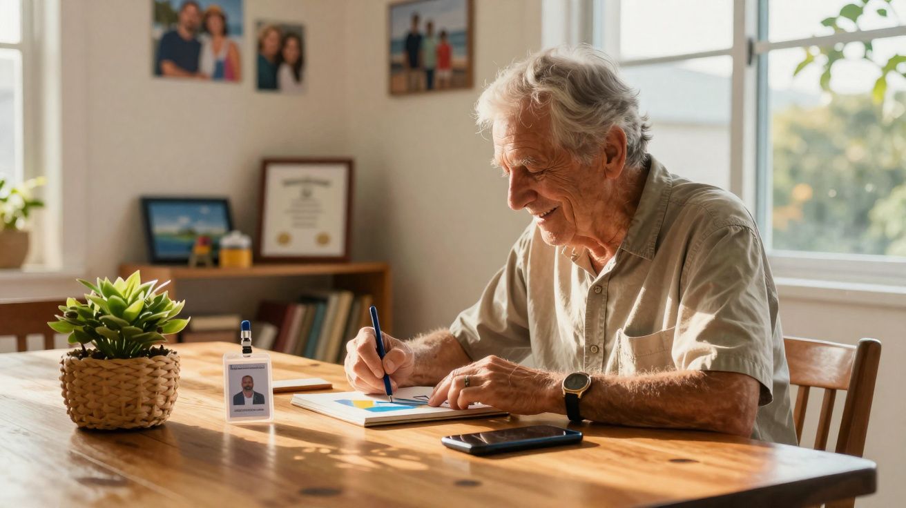 Idoso sorridente sentado à mesa, escrevendo em caderno em ambiente claro e aconchegante com planta e celular.