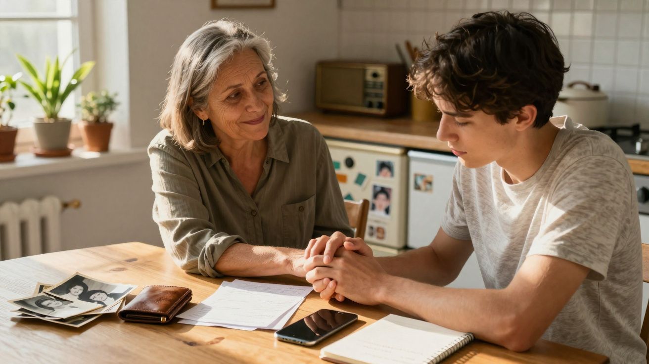 Mulher mais velha conforta jovem sentado à mesa com documentos, fotos e celular à frente, em ambiente doméstico.