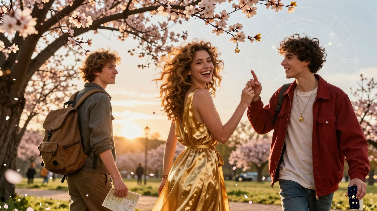 Três jovens sorrindo em parque com flores de cerejeira ao entardecer, um casal faz toque de dedos.