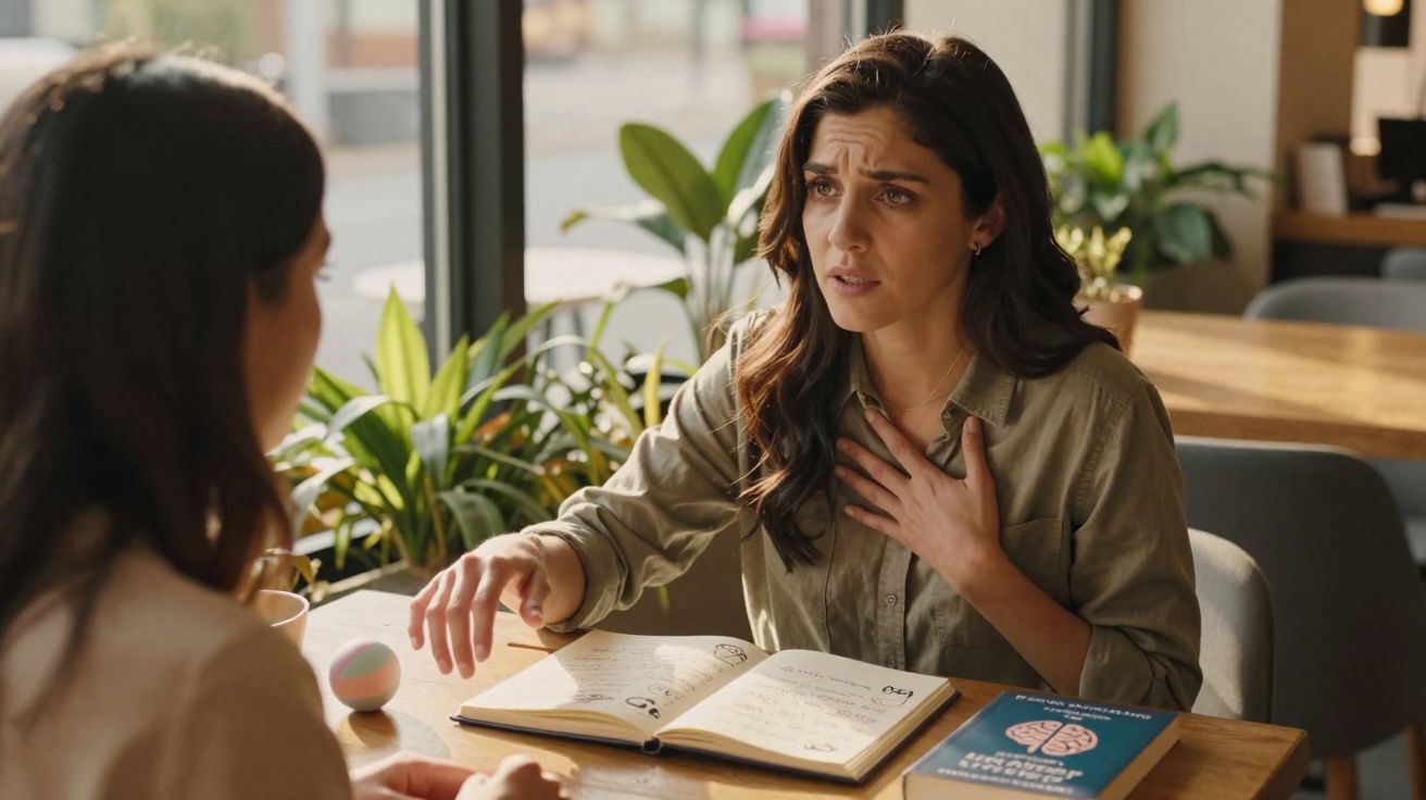 Duas mulheres conversando em ambiente interno, uma parece preocupada e gesticula perto do peito.