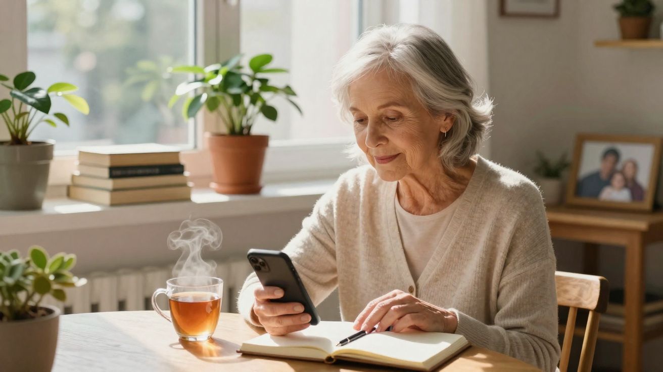 Mulher idosa sentada à mesa com celular, caderno aberto e chá quente em ambiente iluminado e acolhedor.