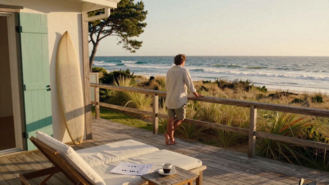 Pessoa observando o mar de uma varanda de madeira com prancha de surf encostada na parede e cadeira de praia.
