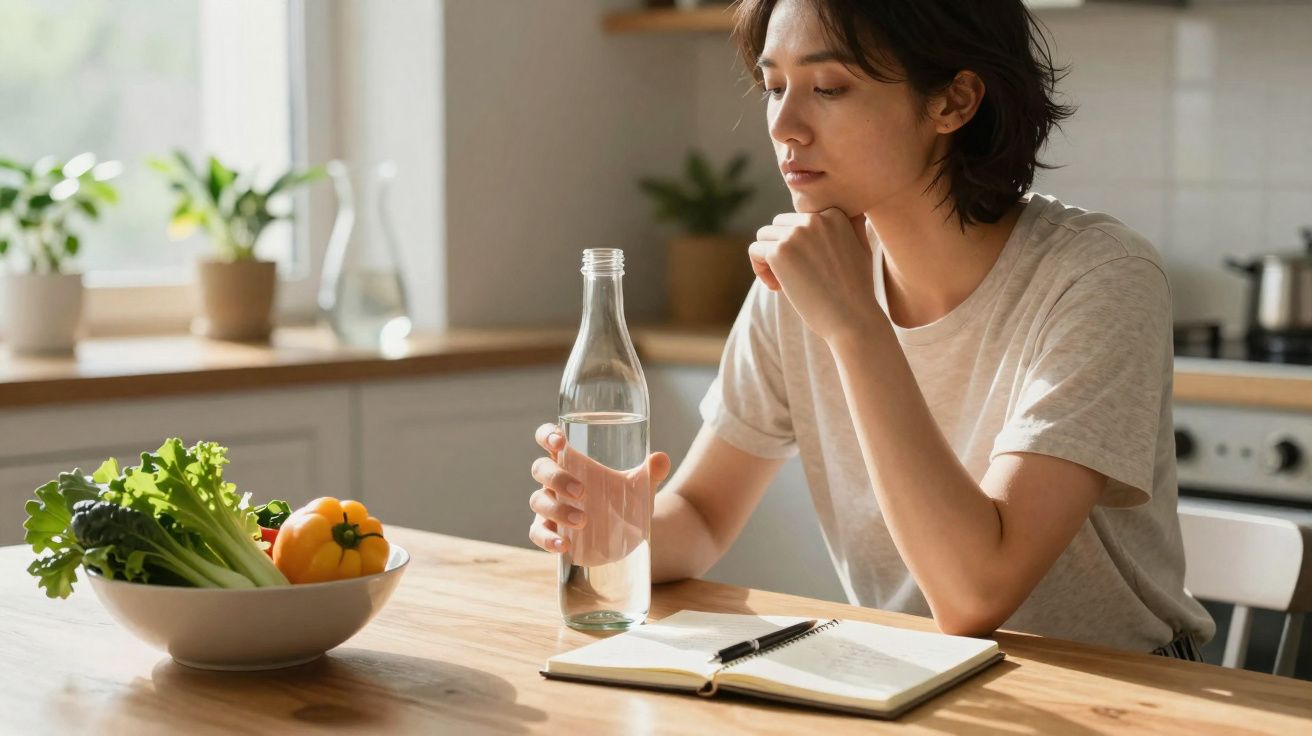 Pessoa jovem sentada à mesa segura garrafa de água com caderno aberto e tigela com legumes à frente.