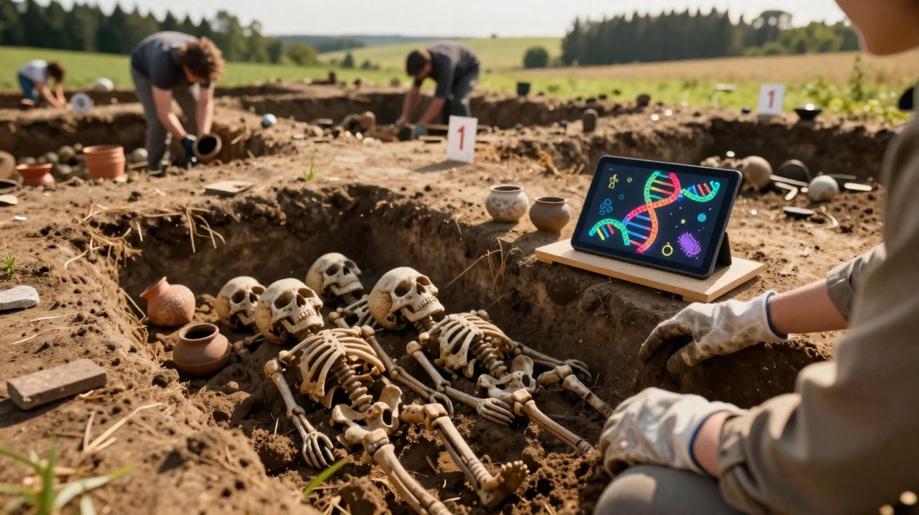 Escavação arqueológica com esqueletos em cova e tablet exibindo DNA no sítio aberto ao ar livre.