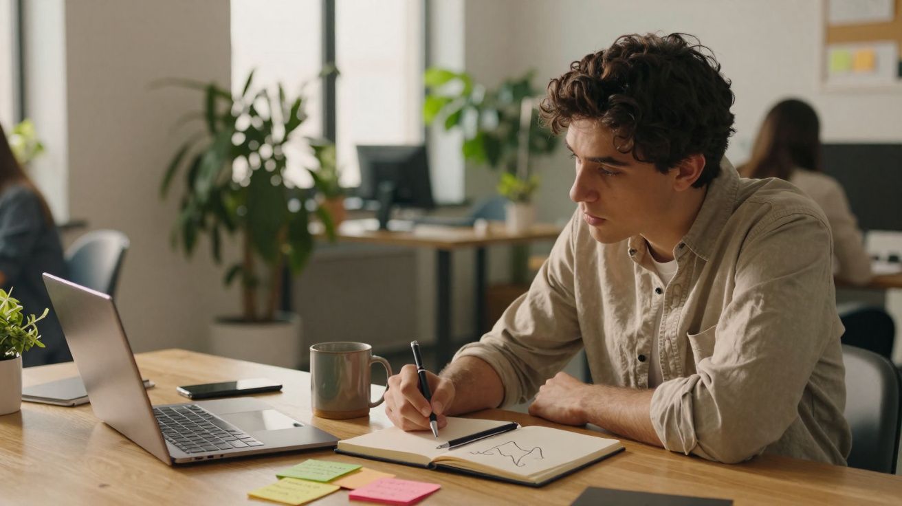 Homem jovem escrevendo em caderno enquanto trabalha em notebook em um escritório moderno e iluminado.