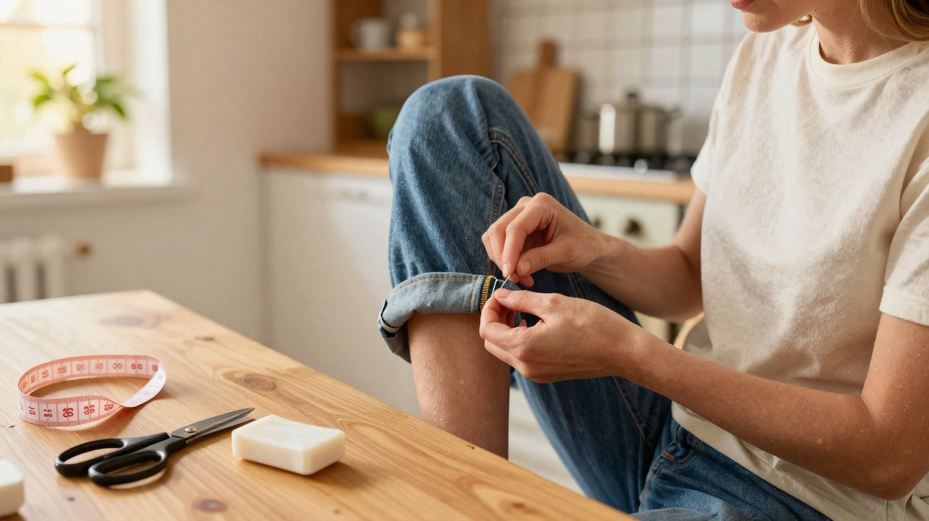 Pessoa ajusta barra de calça jeans enquanto está sentada em mesa de madeira com tesoura e fita métrica.