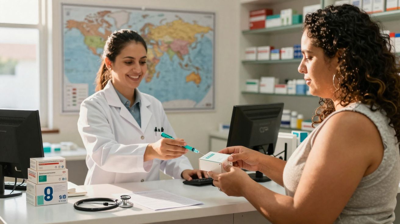 Farmacêutica sorridente entregando medicamento para cliente em balcão de farmácia.