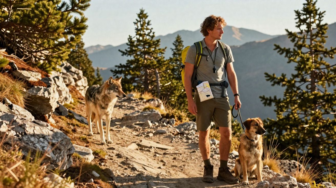 Homem caminhando em trilha de montanha com cachorro e lobo ao ar livre em dia ensolarado.