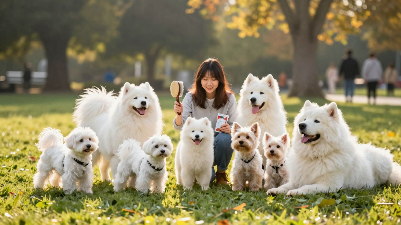 Mulher sorrindo com oito cães brancos de raças pequenas e grandes em gramado ao ar livre.