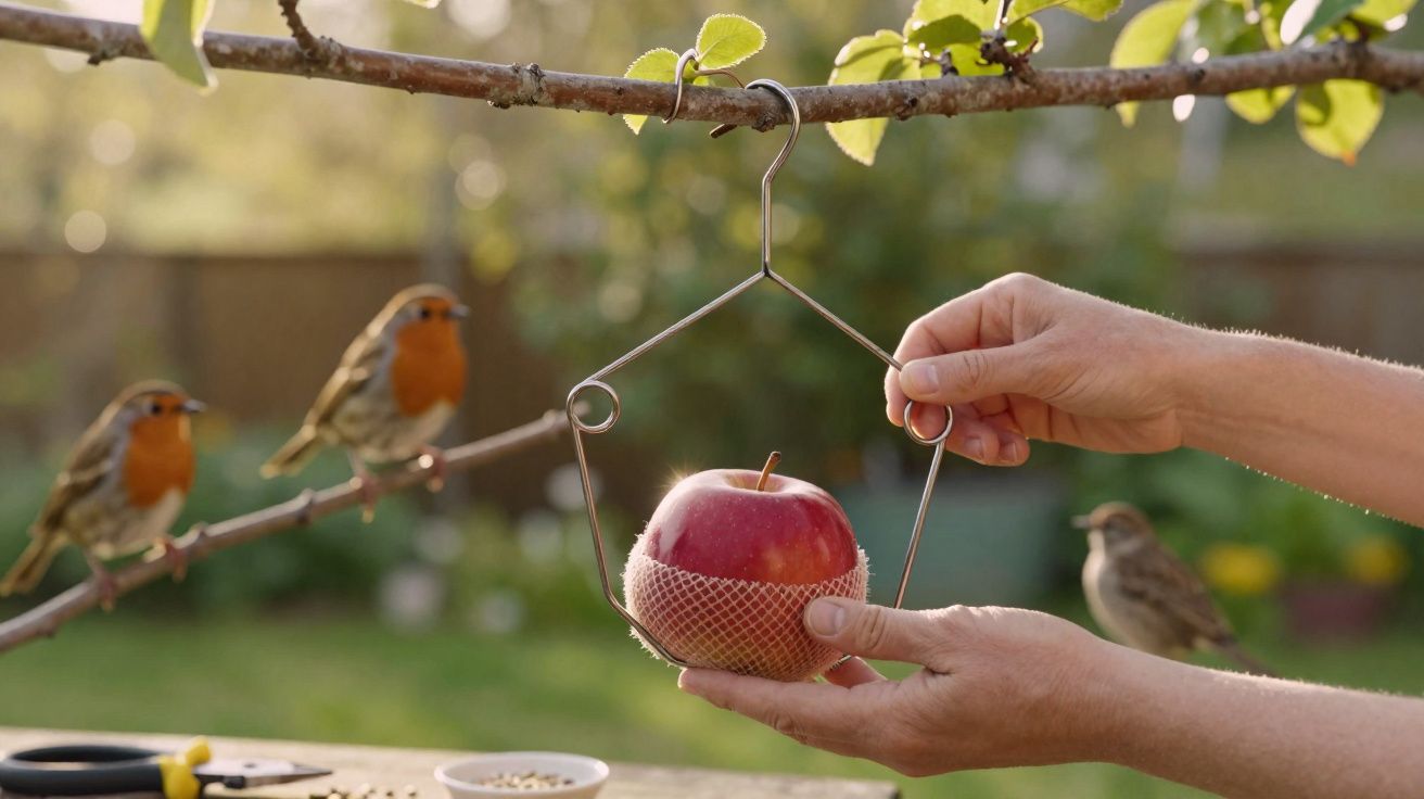 Mãos pendurando maçã em suporte metálico em galho de árvore, com pássaros ao redor e fundo desfocado.