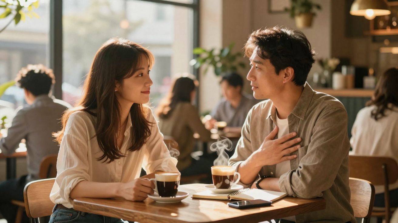 Casal conversando e tomando café em uma cafeteria iluminada pela luz natural.