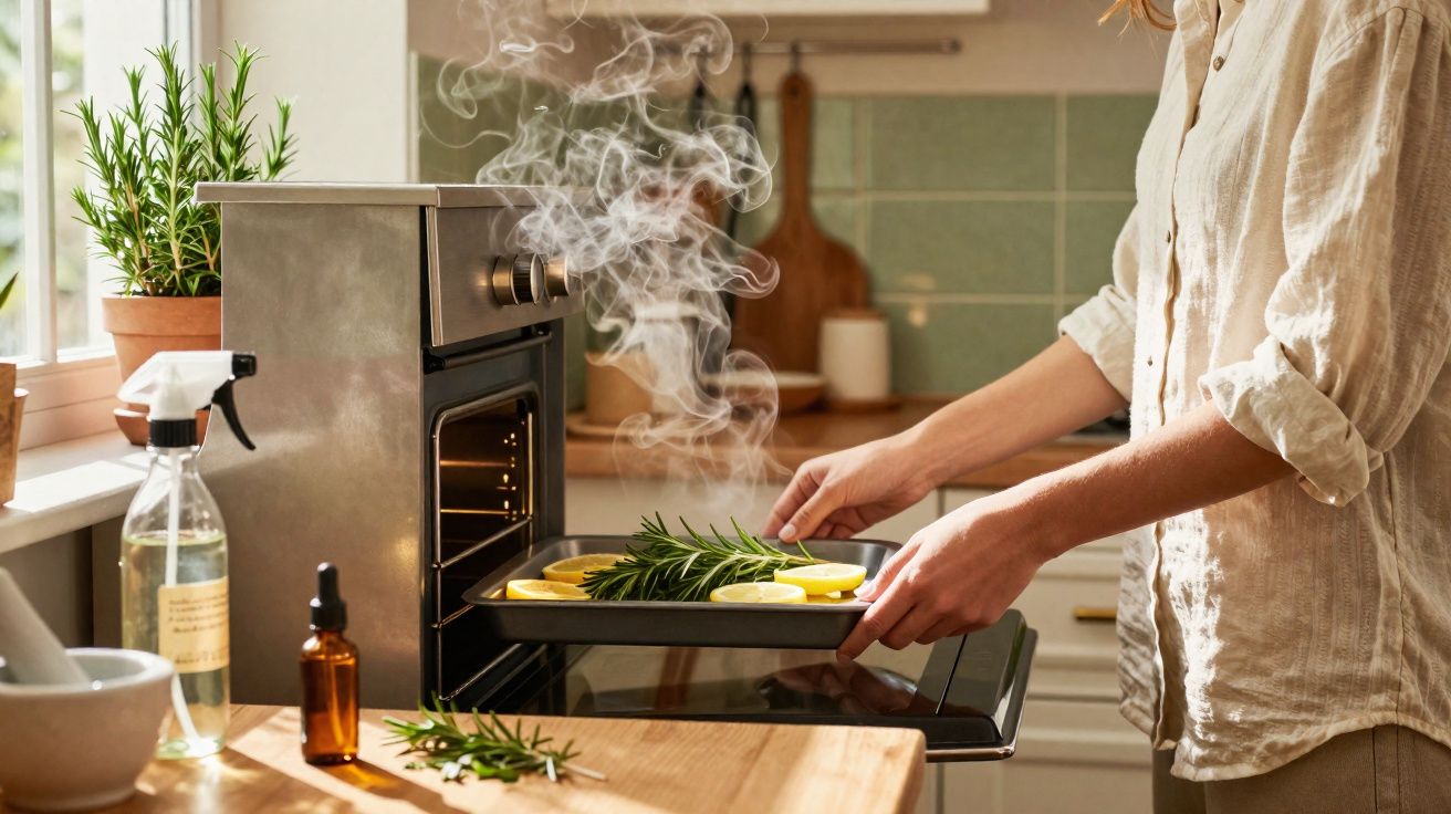 Pessoa colocando tabuleiro com ervas e fatias de limão em forno pequeno na cozinha.