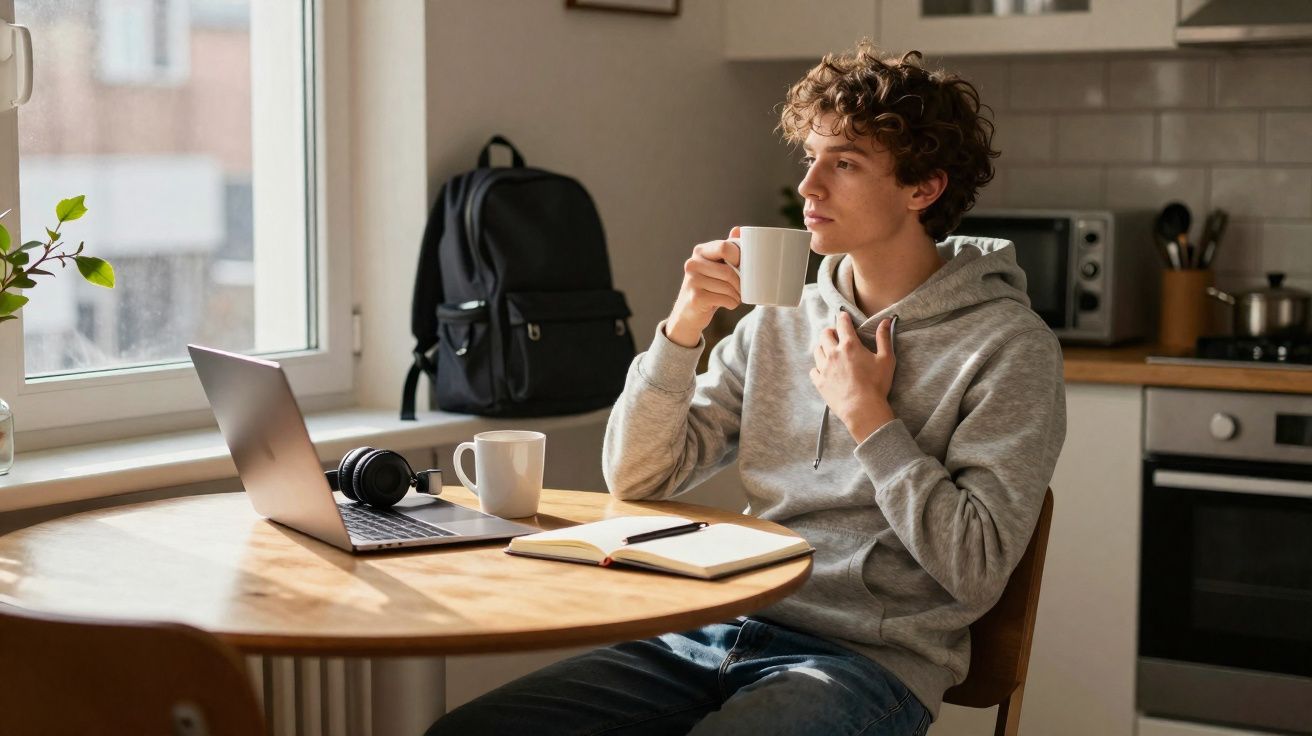Jovem sentado à mesa com notebook, caderno e caneca, olhando pela janela enquanto toma café.