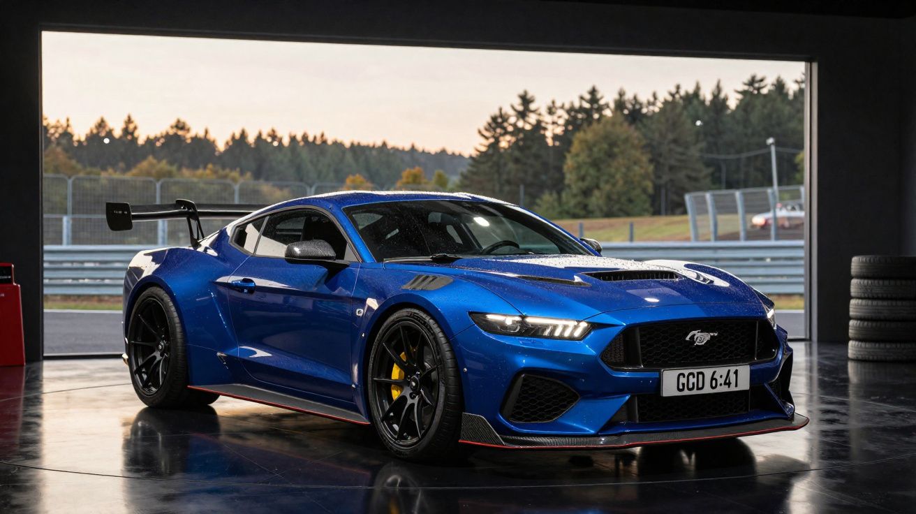 Carro esportivo azul com aerofólio traseiro, estacionado em garagem com vista para pista de corrida ao entardecer.