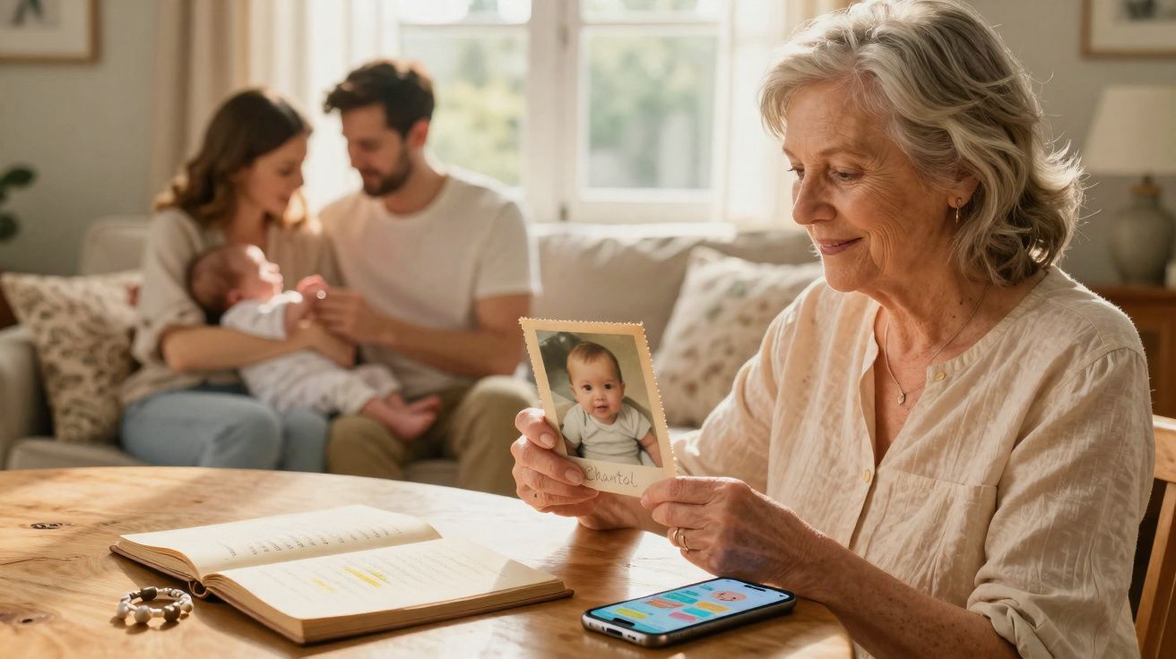 Mulher idosa sentada à mesa olhando foto de bebê, casal com bebê ao fundo no sofá.