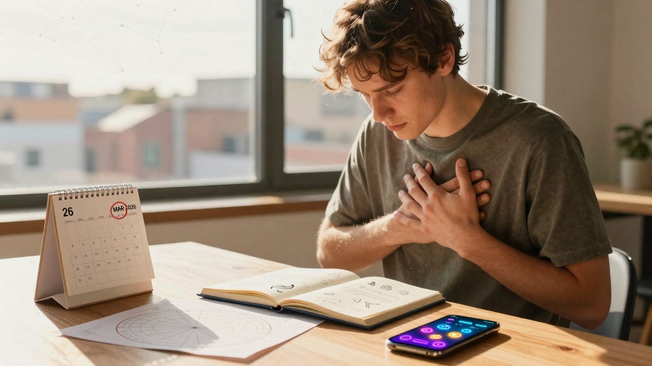 Jovem sentado à mesa com as mãos no peito, lendo um livro, com calendário e celular à sua frente.
