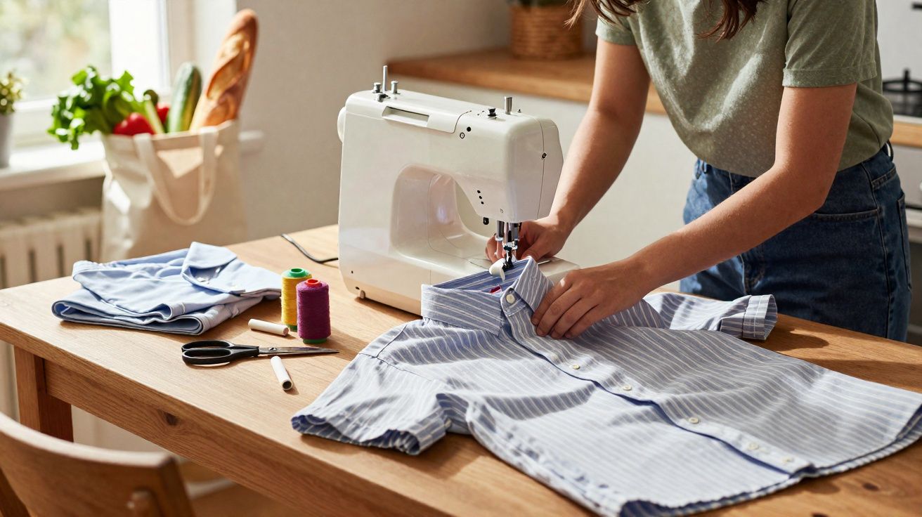 Pessoa costurando camisa listrada azul em máquina de costura sobre mesa de madeira.