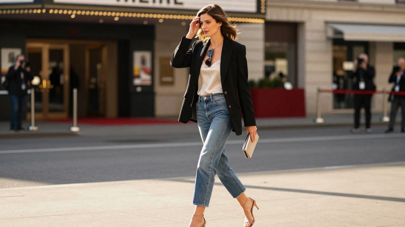 Mulher caminhando na rua com blazer preto, blusa branca, jeans e sandálias de salto alto.