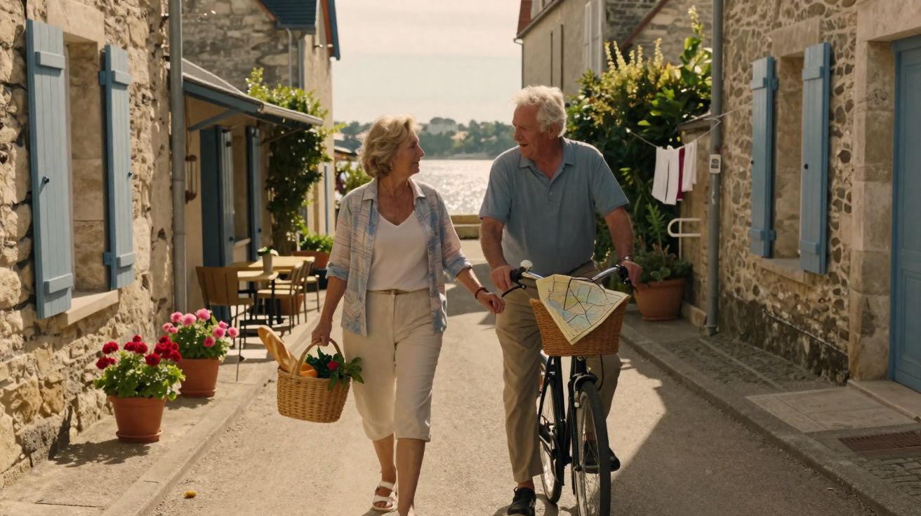 Casal idoso caminhando em rua de pedra com bicicleta e cesta de piquenique em dia ensolarado.