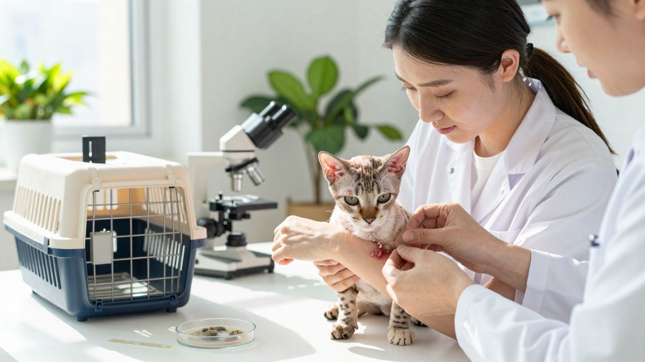 Veterinários examinam gato em clínica, com caixa de transporte e microscópio ao fundo.