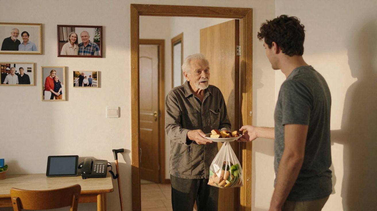 Jovem entrega alimentos a idoso na porta de casa em ambiente interno com fotos familiares na parede.