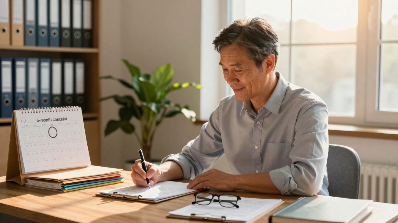 Homem asiático sentado à mesa escrevendo em caderno, com calendário e pastas ao redor, em ambiente iluminado.