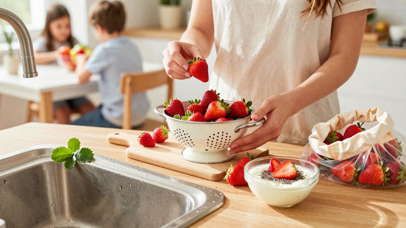 Pessoa segurando morango em cozinha, com morangos em escorredor e iogurte com chia na bancada.