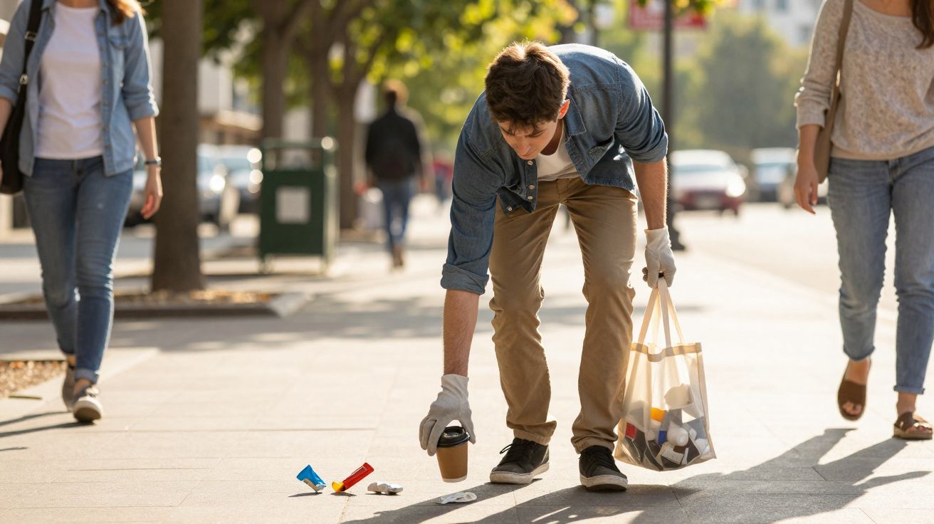 Jovem de luvas recoge lixo e copo descartável durante caminhada em calçada urbana ao ar livre.