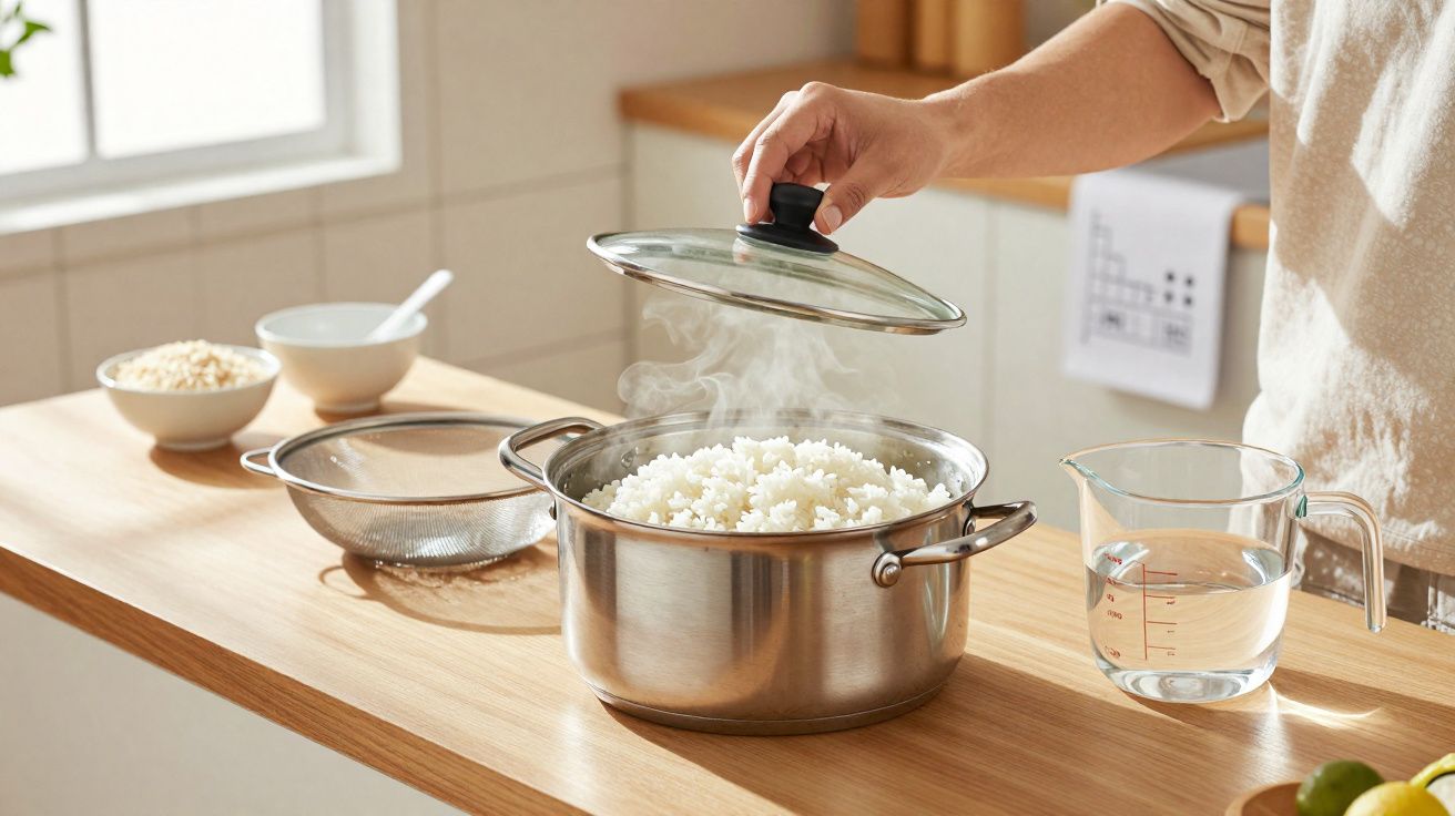 Mão levantando tampa de panela com arroz cozido soltando vapor em bancada de cozinha.