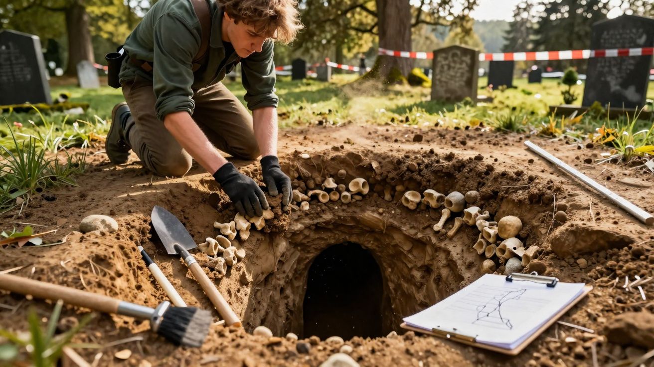 Pesquisador escavando ossos em cova arqueológica cercada por lápides em cemitério ao ar livre.