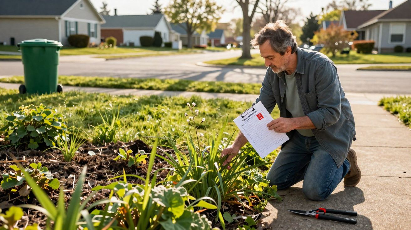 Homem cuidando de plantas em jardim à frente de casa com lista e tesoura de poda na calçada.