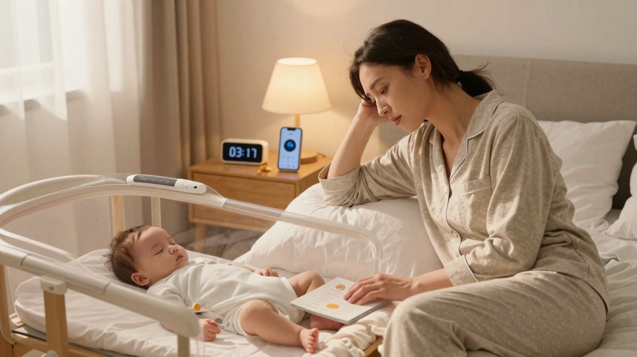 Mulher lendo livro enquanto observa bebê dormir em bercinho ao lado da cama.