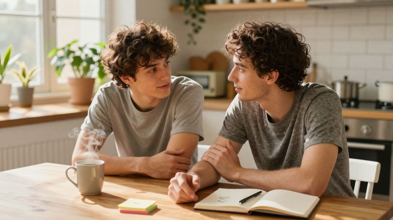 Dois jovens conversando à mesa da cozinha com caderno, caneta e caneca fumegante.