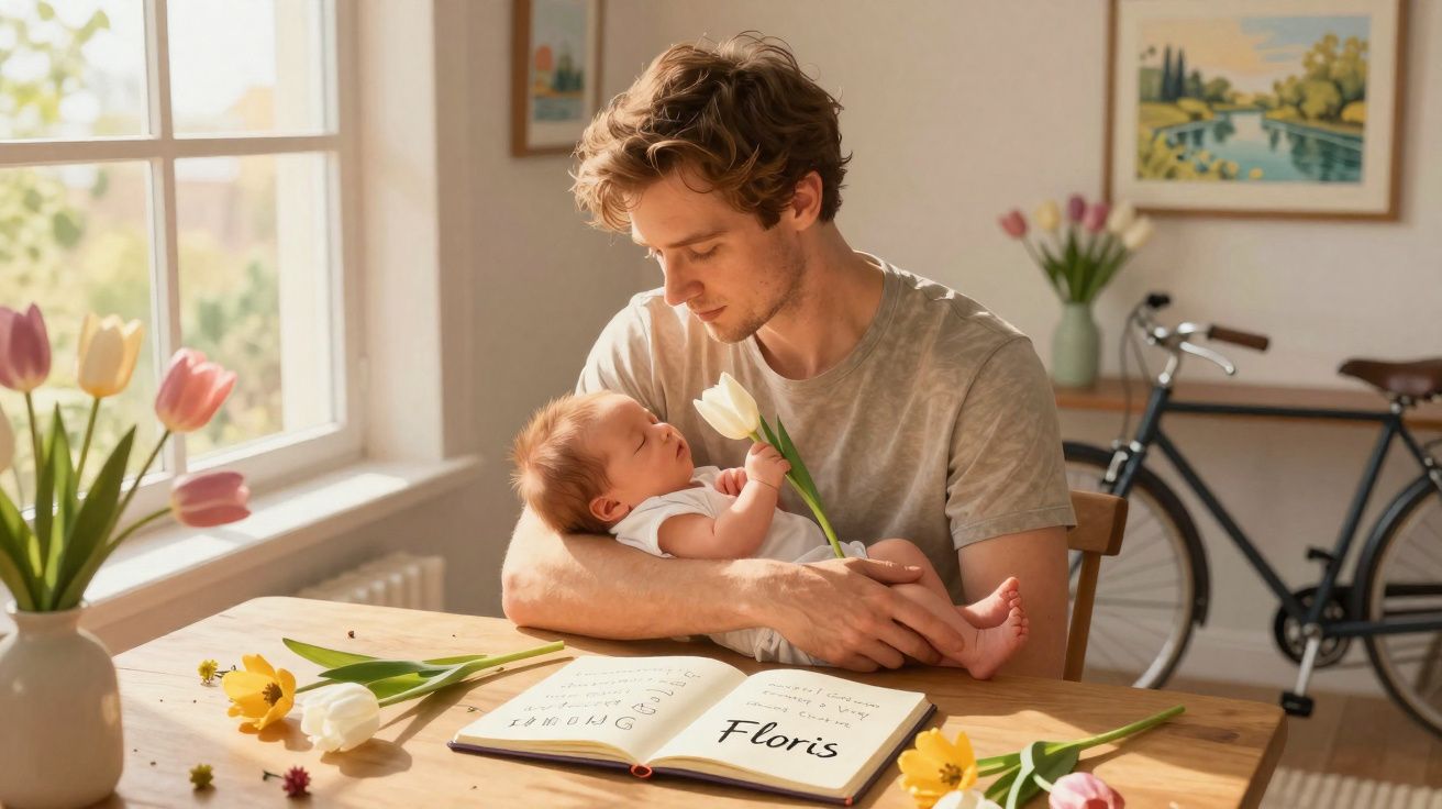 Homem segurando bebê que segura tulipa branca em mesa com flores e livro aberto, dentro de casa.