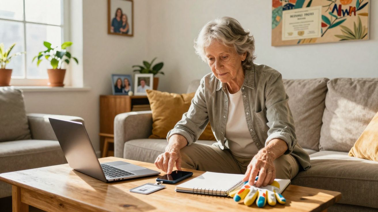 Idosa sentada no sofá com laptop, caderno e telefone em uma mesa de madeira na sala iluminada.