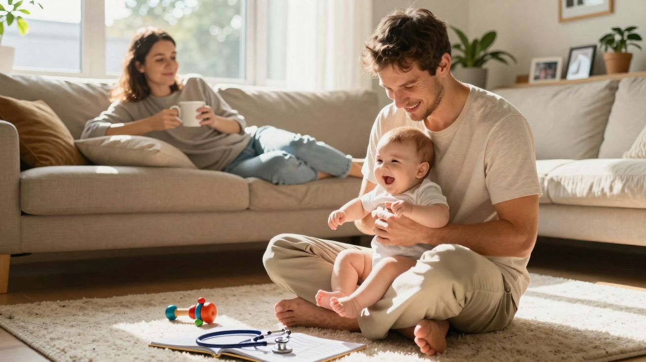 Homem brincando com bebê sorridente no tapete da sala enquanto mulher observa no sofá.