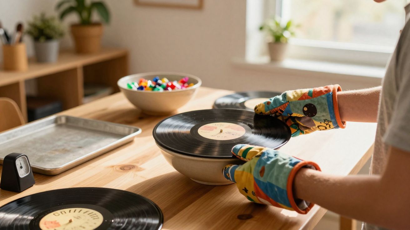 Pessoa com luvas coloridas segurando disco de vinil sobre tigela em mesa de madeira clara.