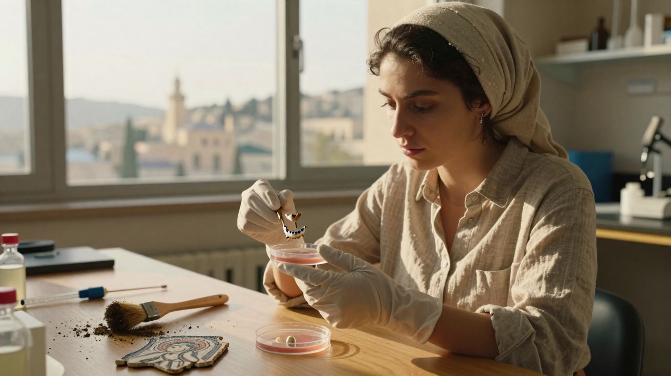 Mulher com luvas manuseia fragmento arqueológico em laboratório com janela e microscópio ao fundo.