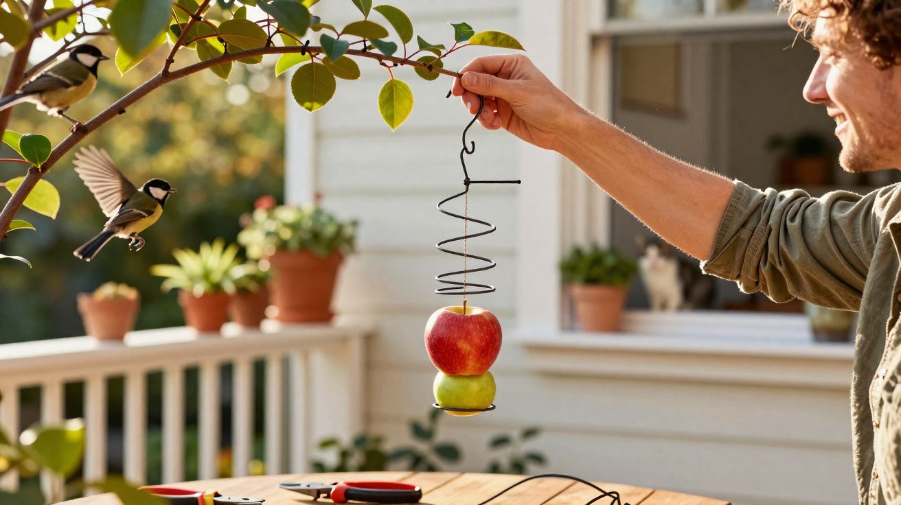 Pessoa segurando comedouro com maçãs pendurado em galho, aves voando próximas em varanda ensolarada.
