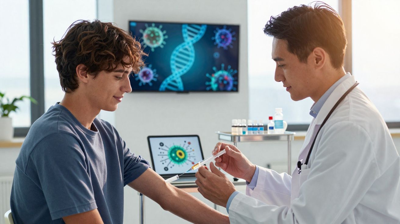 Médico aplicando vacina em braço de jovem, com imagens de vírus e DNA em tela ao fundo.